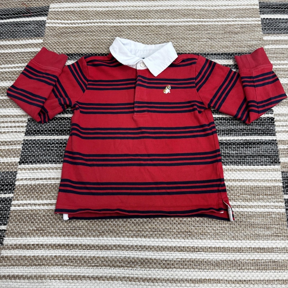 Janie and Jack Polo Shirt Boys 3 Red Navy Striped Long Sleeve Rugby Bulldog